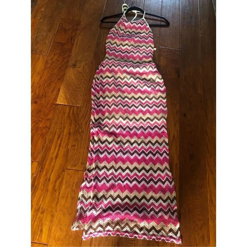 No Comment Pink Chevron Halter Maxi Dress Boho Size M - Picture 3 of 13